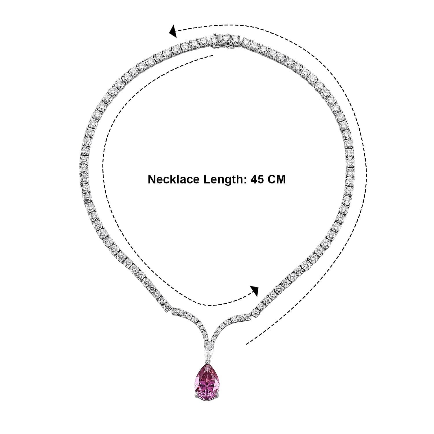 D'Joy - Pink Moissanite & Moissanite Drop Necklace (Size - 18) in Rhodium Overlay Sterling Silver 52.28 Ct, Silver Wt. 28.00 Gms