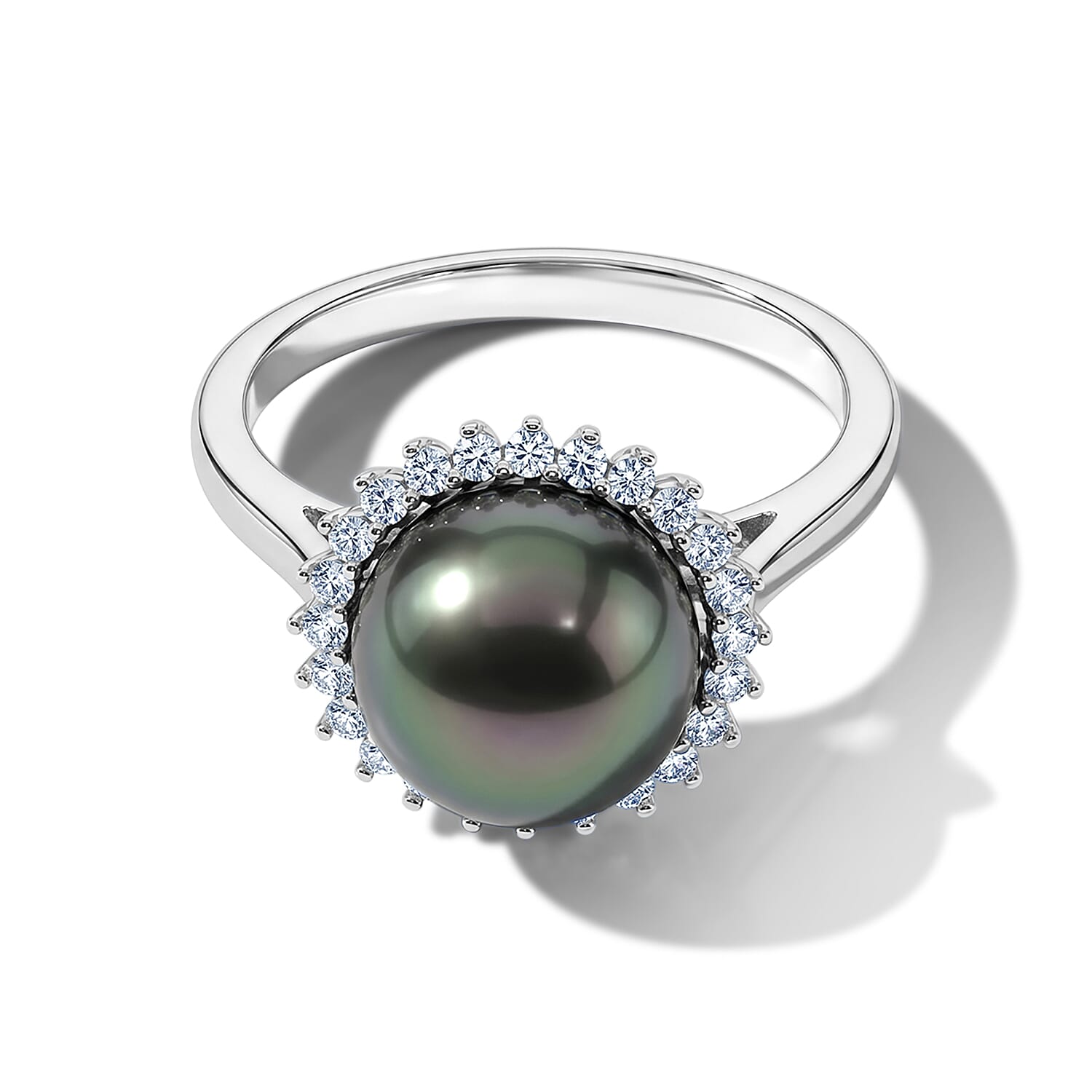 D'Joy - Tahitian Pearl (10-11mm) & Lab Grown Diamond Halo Ring in Rhodium Overlay Sterling Silver 8.10 Ct.