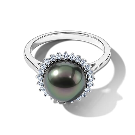D'Joy - Tahitian Pearl (10-11mm) & Lab Grown Diamond Halo Ring in Rhodium Overlay Sterling Silver 8.10 Ct.