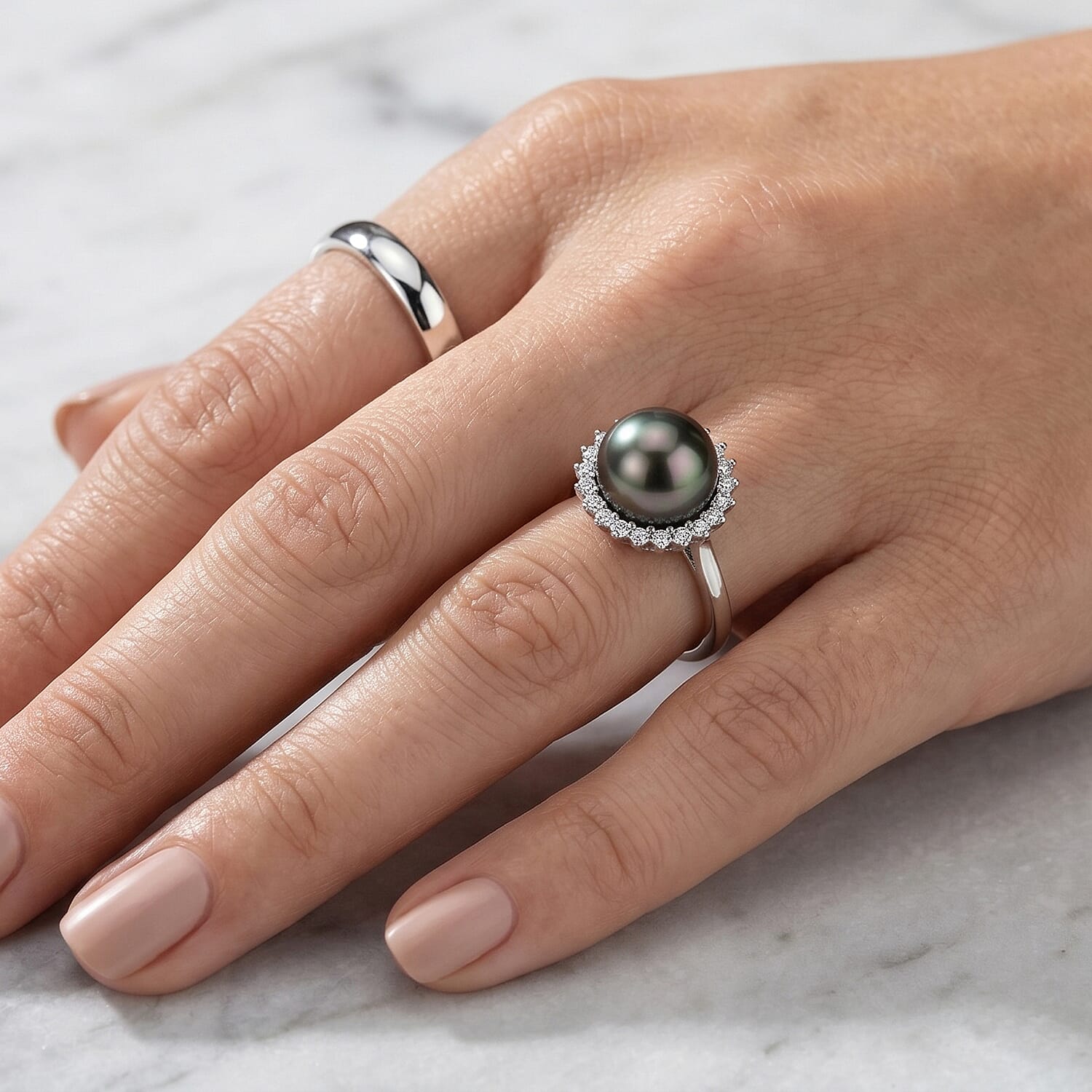 D'Joy - Tahitian Pearl (10-11mm) & Lab Grown Diamond Halo Ring in Rhodium Overlay Sterling Silver 8.10 Ct.