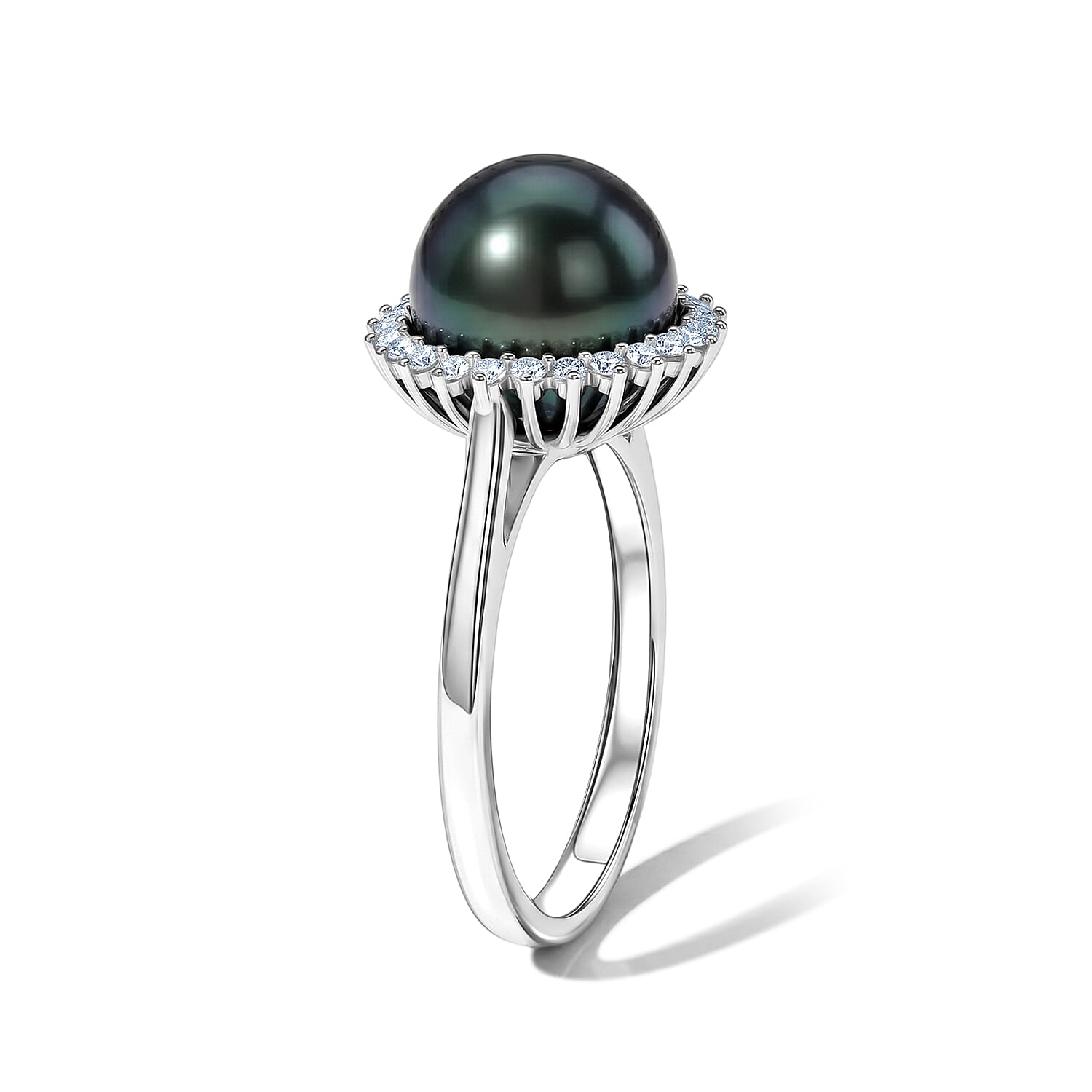 D'Joy - Tahitian Pearl (10-11mm) & Lab Grown Diamond Halo Ring in Rhodium Overlay Sterling Silver 8.10 Ct.