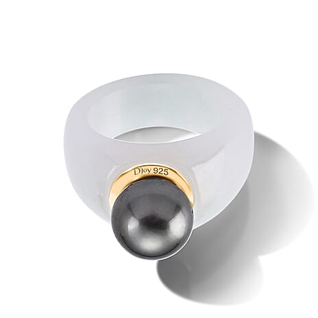 D'Joy - Tahitian Pearl (10-11mm) & Natural White Jade Band Ring in Yellow Gold Plated Sterling Silver 45.80 Ct.