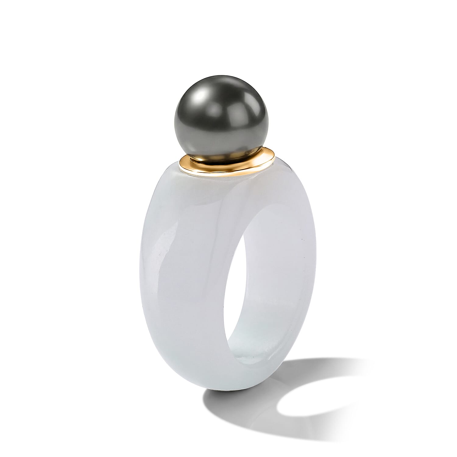 D'Joy - Tahitian Pearl (10-11mm) & Natural White Jade Band Ring in Yellow Gold Plated Sterling Silver 45.80 Ct.