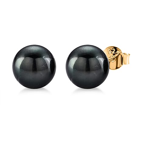 D'Joy - Tahitian Pearl (8-9mm) Stud Ball Earring with Push Back in Yellow Gold Plated Sterling Silver 8.00 Ct.