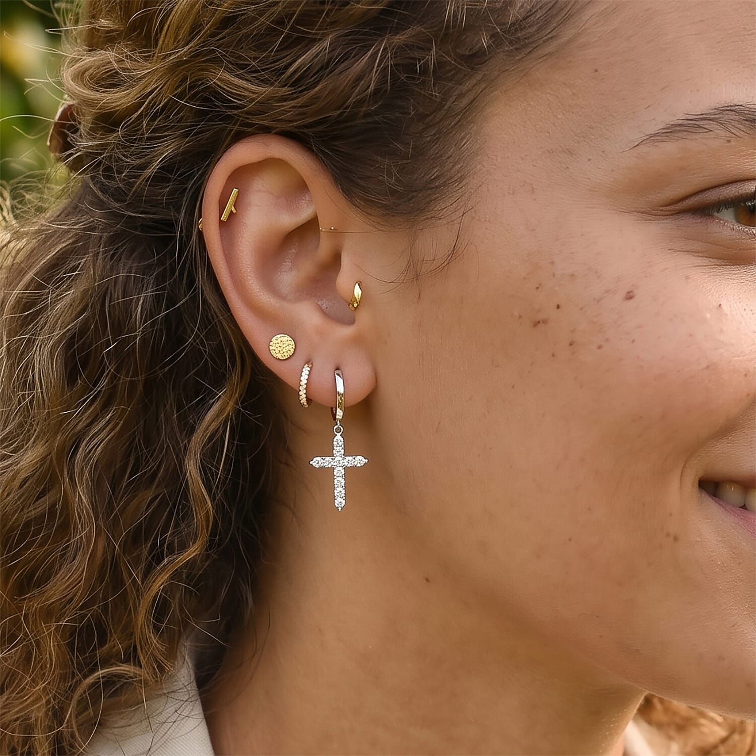 Royal Bali Collection - D'Joy Moissanite Cross Hoop Earring in Platinum Overlay Sterling Silver 1.00 Ct.