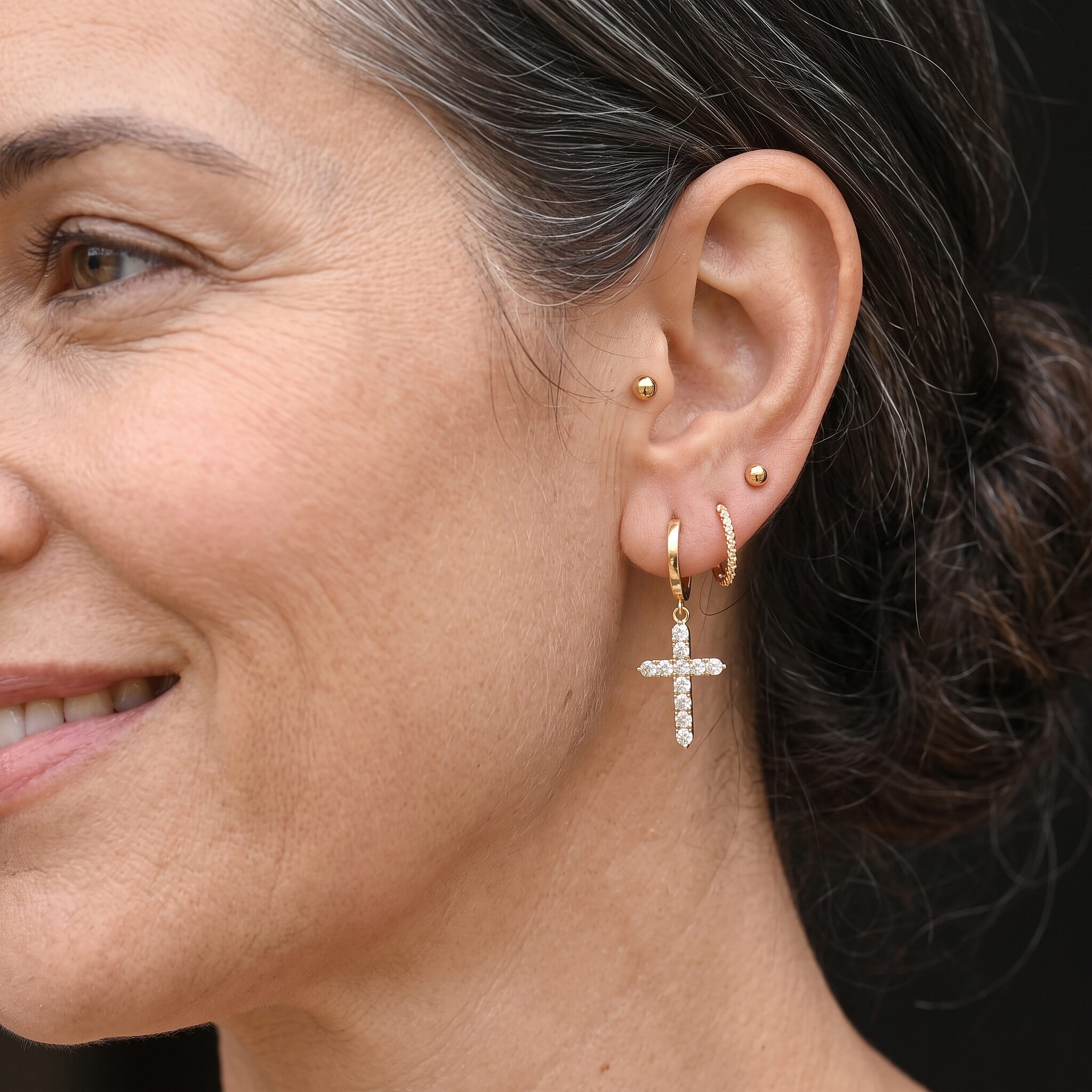 Royal Bali Collection - D'Joy Moissanite Cross Hoop Earring in Yellow Gold Plated Sterling Silver 1.00 Ct.