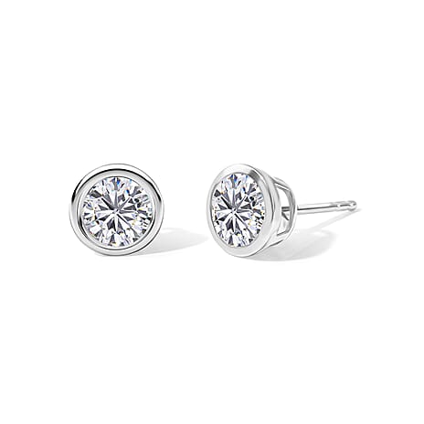 D'Joy Moissanite Solitaire Stud Push Post Earring in Platinum OverlaySterling Silver  1.938  Ct.