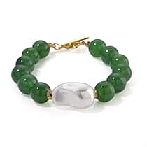 Green Onyx, White Cubic Zirconia & White Shell Pearl Beads Bracelet (Size - 8) 145.00 Ct.