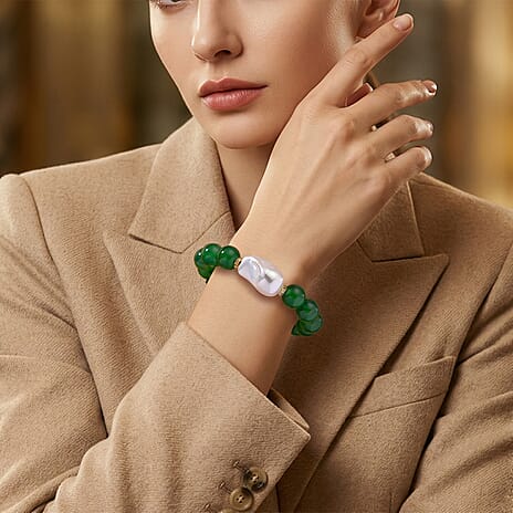 Green Onyx, White Cubic Zirconia & White Shell Pearl Beads Bracelet (Size - 8) 145.00 Ct.