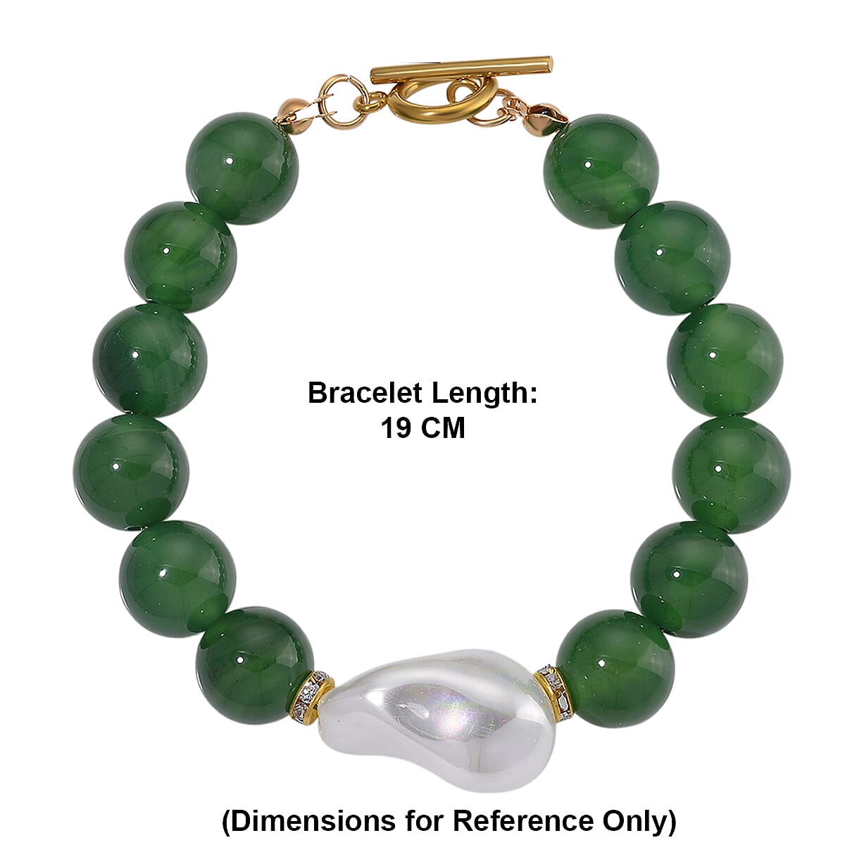 Green Onyx, White Cubic Zirconia & White Shell Pearl Beads Bracelet (Size - 8) 145.00 Ct.