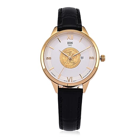 EON 1962 Dragon & Phoenix Ronda 775 Swiss Movement 5ATM WR White 24K Gold Coin Dial & IPG 316 Stainless Steel Case Womens Watch with Black Genuine Leather Strap
