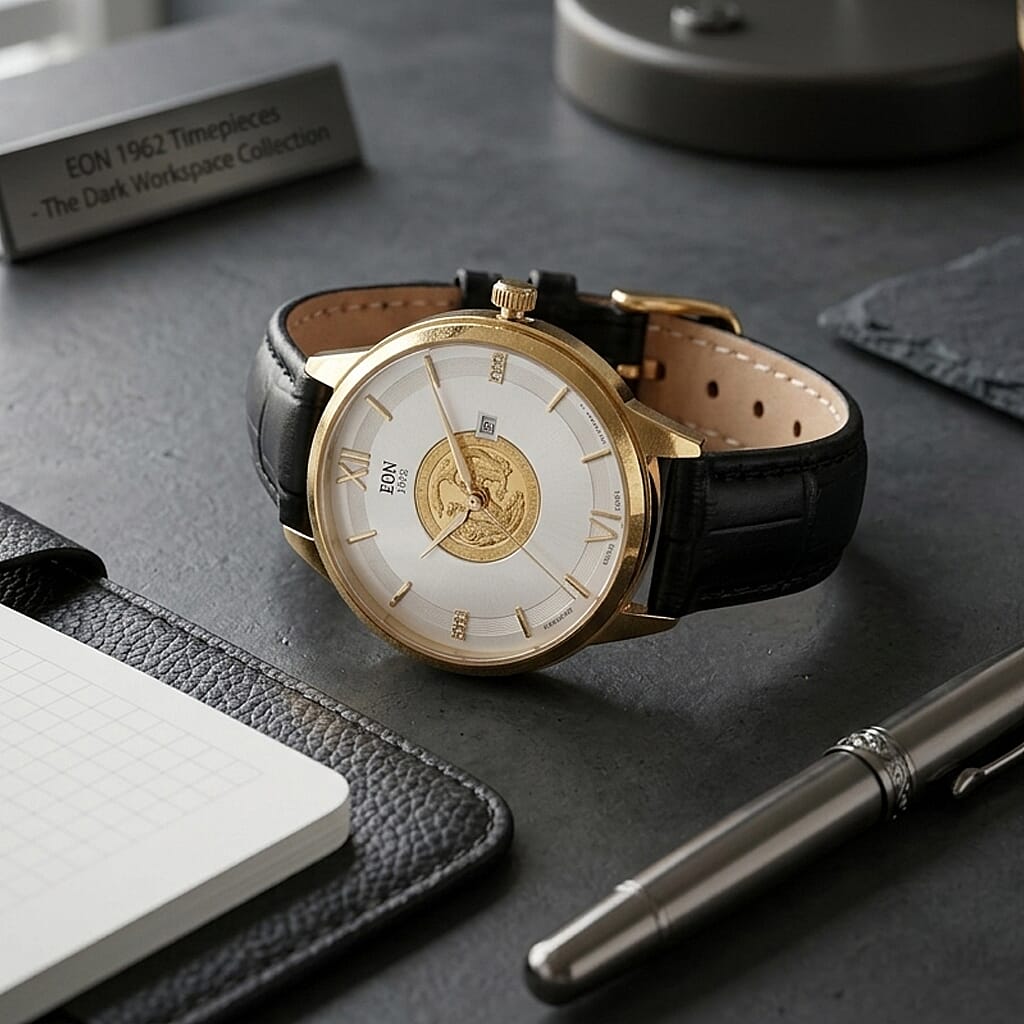 EON 1962 Dragon & Phoenix Ronda 775 Swiss Movement 5ATM WR White 24K Gold Coin Dial & IPG 316 Stainless Steel Case Womens Watch with Black Genuine Leather Strap