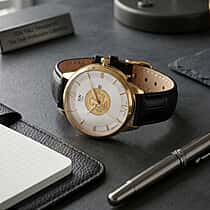 EON 1962 Dragon & Phoenix Ronda 775 Swiss Movement 5ATM WR White 24K Gold Coin Dial & IPG 316 Stainless Steel Case Womens Watch with Black Genuine Leather Strap