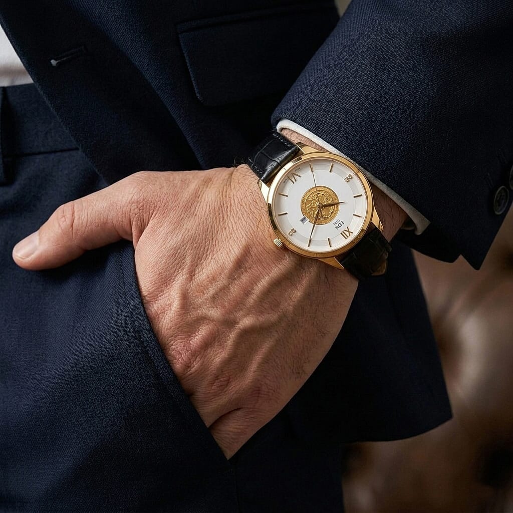 EON 1962 Dragon & Phoenix Ronda 775 Swiss Movement 5ATM WR White 24K Gold Coin Dial & IPG 316 Stainless Steel Case Womens Watch with Black Genuine Leather Strap