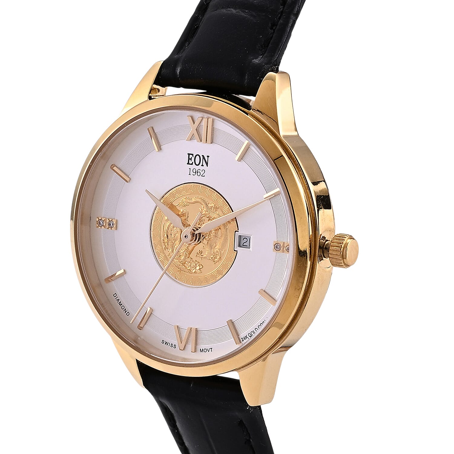 EON 1962 Dragon & Phoenix Ronda 775 Swiss Movement 5ATM WR White 24K Gold Coin Dial & IPG 316 Stainless Steel Case Womens Watch with Black Genuine Leather Strap
