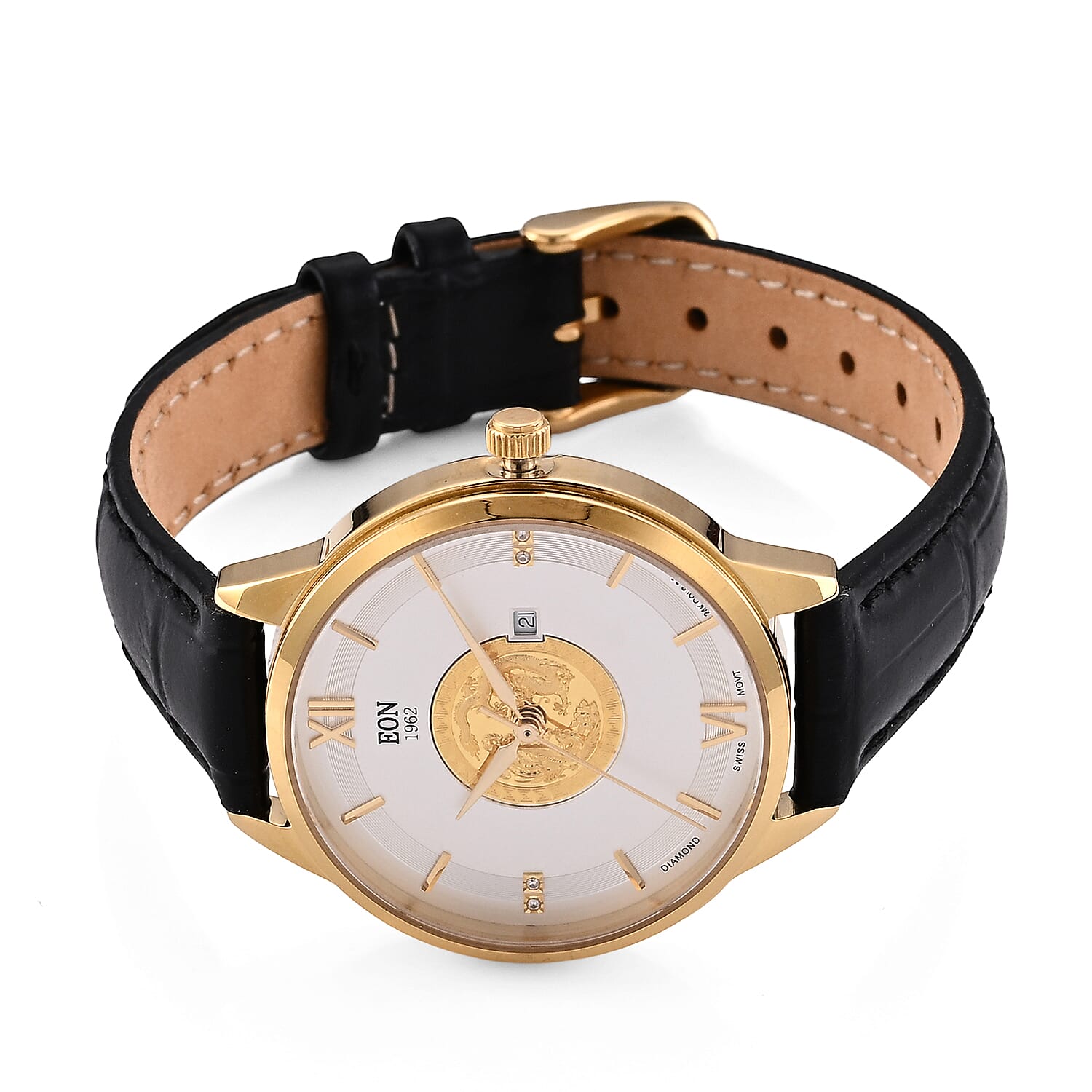 EON 1962 Dragon & Phoenix Ronda 775 Swiss Movement 5ATM WR White 24K Gold Coin Dial & IPG 316 Stainless Steel Case Womens Watch with Black Genuine Leather Strap