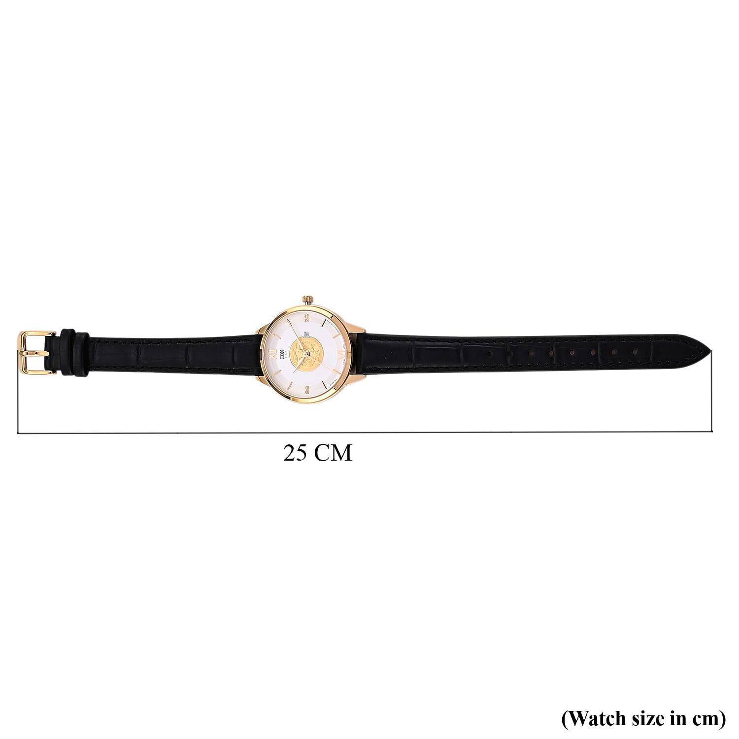 EON 1962 Dragon & Phoenix Ronda 775 Swiss Movement 5ATM WR White 24K Gold Coin Dial & IPG 316 Stainless Steel Case Womens Watch with Black Genuine Leather Strap