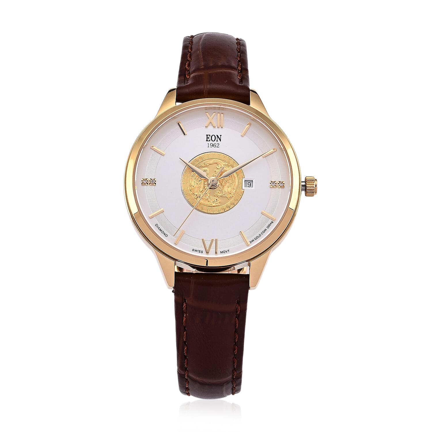 EON 1962 Dragon & Phoenix Ronda 775 Swiss Movement 5ATM WR White 24K Gold Coin Dial & IPG 316 Stainless Steel Case Womens Watch with Brown Genuine Leather Strap