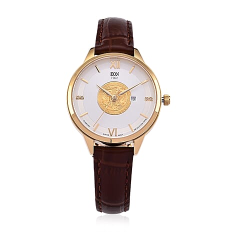 EON 1962 Dragon & Phoenix Ronda 775 Swiss Movement 5ATM WR White 24K Gold Coin Dial & IPG 316 Stainless Steel Case Womens Watch with Brown Genuine Leather Strap