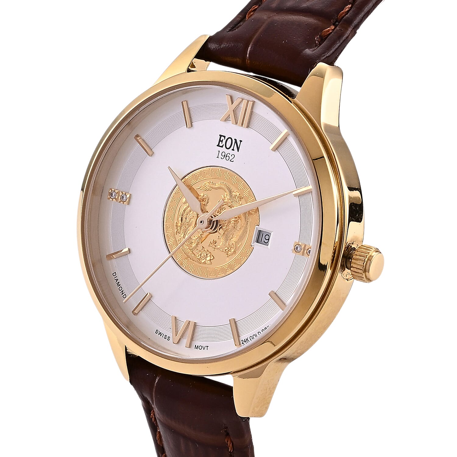 EON 1962 Dragon & Phoenix Ronda 775 Swiss Movement 5ATM WR White 24K Gold Coin Dial & IPG 316 Stainless Steel Case Womens Watch with Brown Genuine Leather Strap