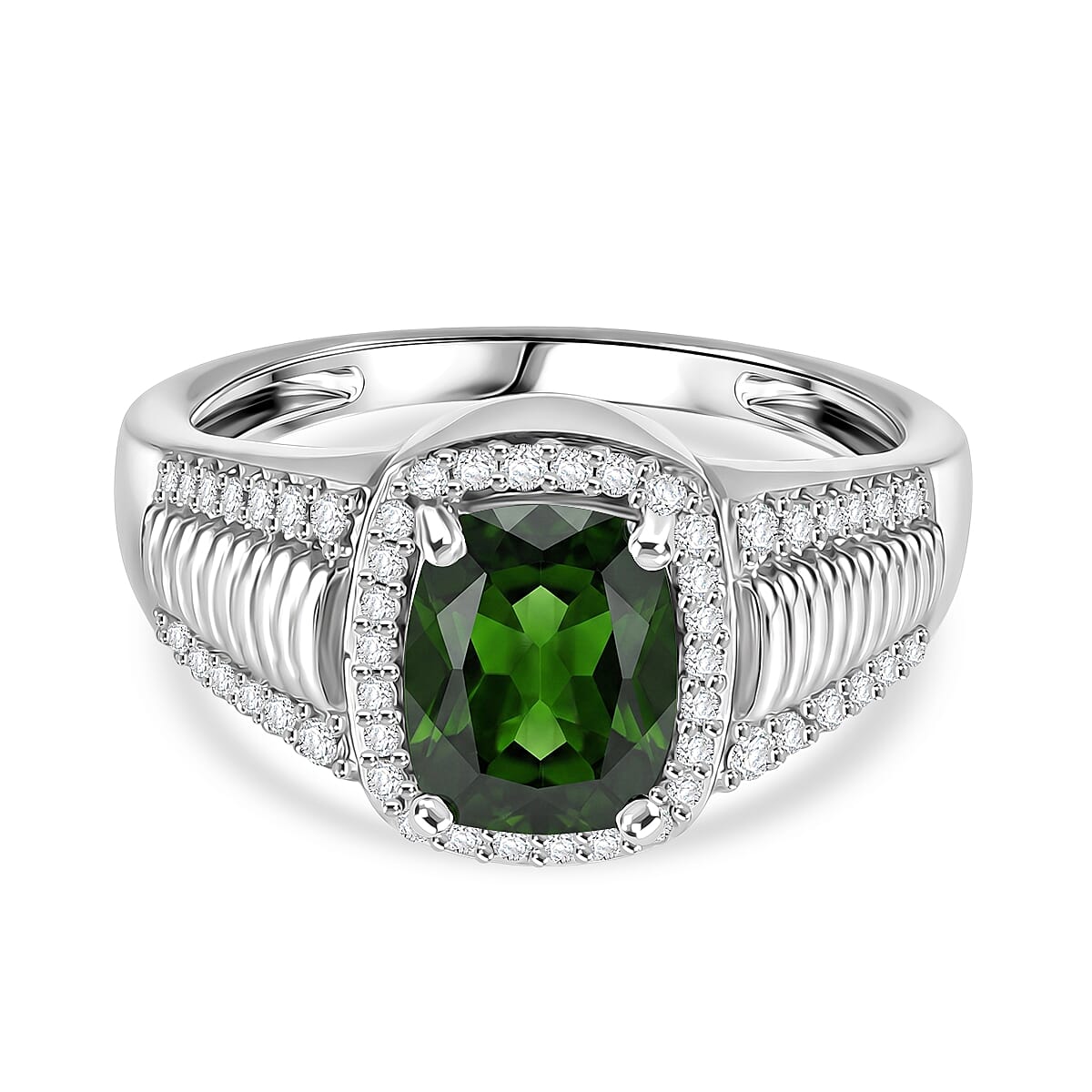D'Joy - Natural Chrome Diopside & White Zircon Halo Ring in Rhodium Overlay Sterling Silver 2.67 Ct.
