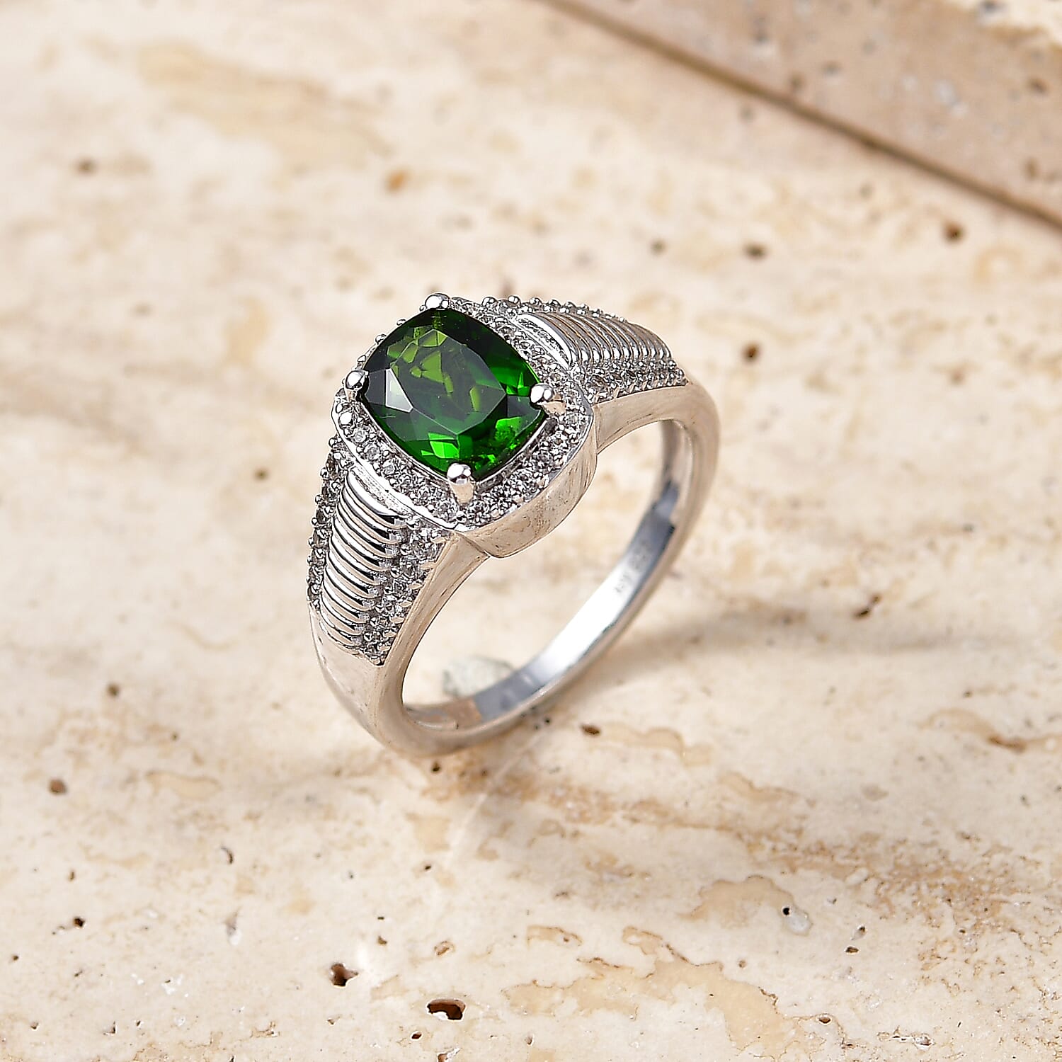 D'Joy - Natural Chrome Diopside & White Zircon Halo Ring in Rhodium Overlay Sterling Silver 2.67 Ct.
