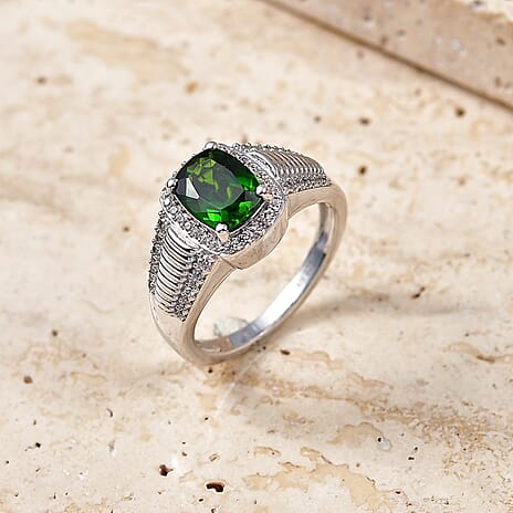 D'Joy - Natural Chrome Diopside & White Zircon Halo Ring in Rhodium Overlay Sterling Silver 2.67 Ct.