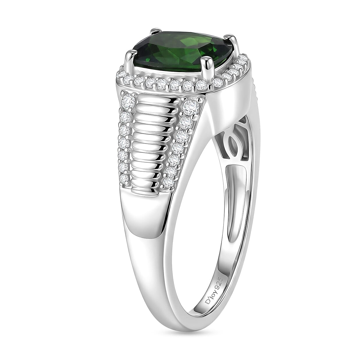 D'Joy - Natural Chrome Diopside & White Zircon Halo Ring in Rhodium Overlay Sterling Silver 2.67 Ct.