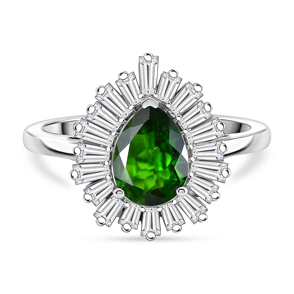 D'Joy - Natural Chrome Diopside & Moissanite Halo Ring in Rhodium Overlay Sterling Silver 1.74 Ct.