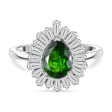 D'Joy - Natural Chrome Diopside & Moissanite Halo Ring in Rhodium Overlay Sterling Silver 1.74 Ct.
