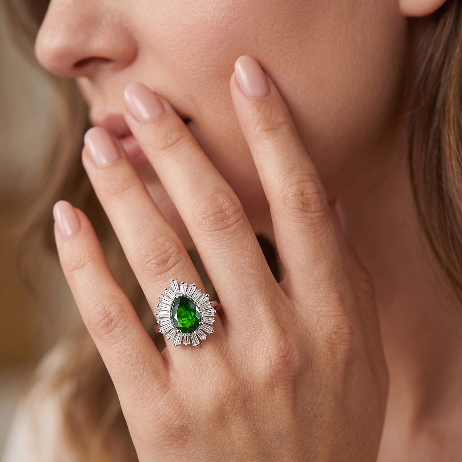 D'Joy - Natural Chrome Diopside & Moissanite Halo Ring in Rhodium Overlay Sterling Silver 1.74 Ct.