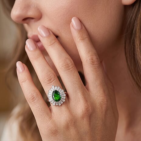 D'Joy - Natural Chrome Diopside & Moissanite Halo Ring in Rhodium Overlay Sterling Silver 1.74 Ct.