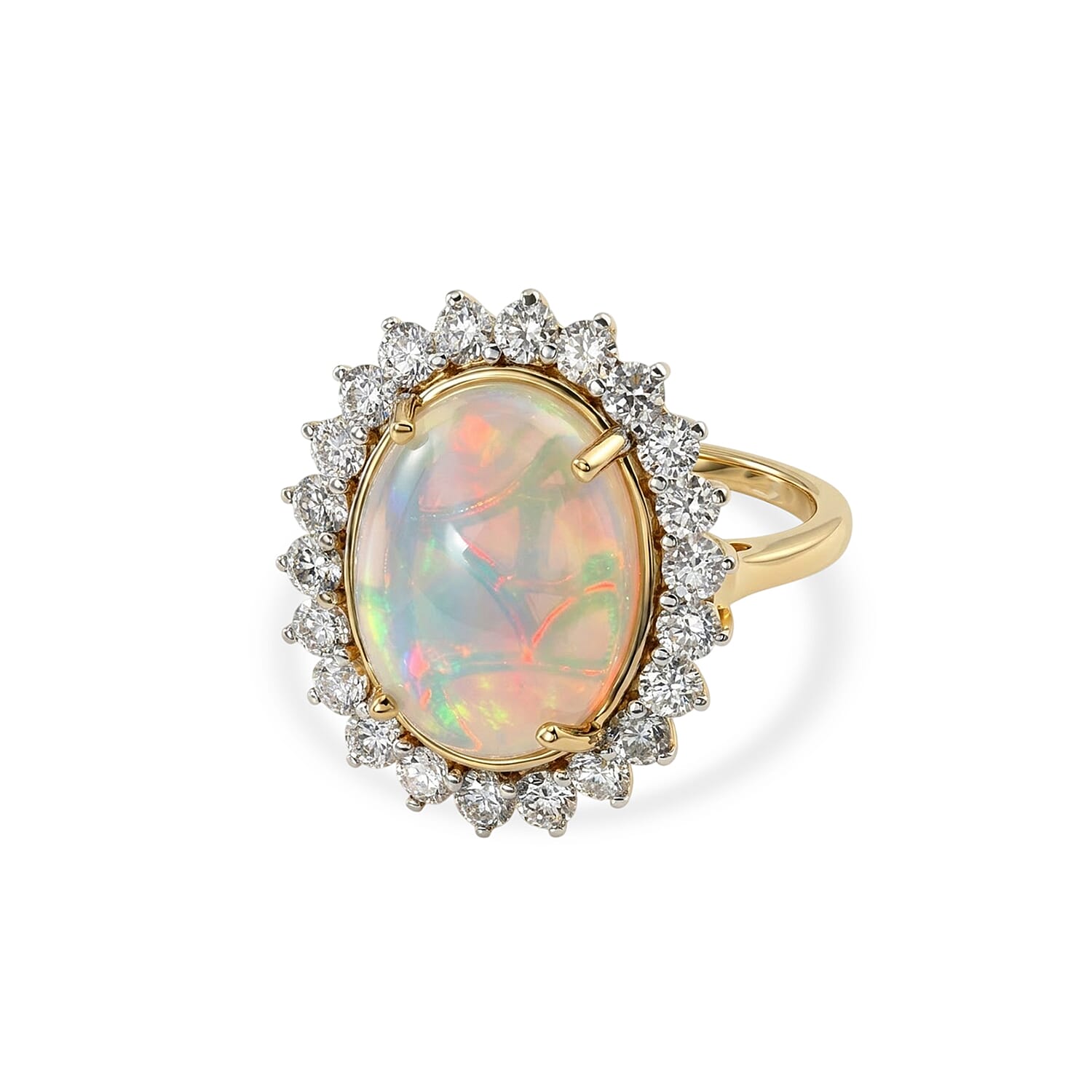 Luxuriant - Ethiopian Opal (5.00 cts ) & Lab Grown Diamond (SI-G-H, 1.36 Cts) Halo Ring in 18K Vermeil Yellow Gold Plated Sterling Silver 6.35 Ct.