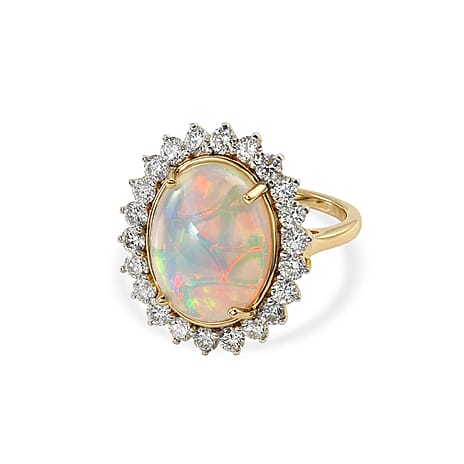 Luxuriant - Ethiopian Opal (5.00 cts ) & Lab Grown Diamond (SI-G-H, 1.36 Cts) Halo Ring in 18K Vermeil Yellow Gold Plated Sterling Silver 6.35 Ct.