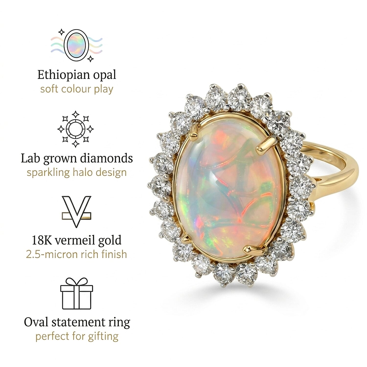 Luxuriant - Ethiopian Opal (5.00 cts ) & Lab Grown Diamond (SI-G-H, 1.36 Cts) Halo Ring in 18K Vermeil Yellow Gold Plated Sterling Silver 6.35 Ct.