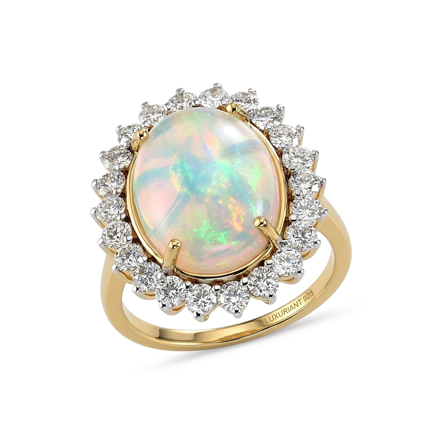 Luxuriant - Ethiopian Opal (5.00 cts ) & Lab Grown Diamond (SI-G-H, 1.36 Cts) Halo Ring in 18K Vermeil Yellow Gold Plated Sterling Silver 6.35 Ct.