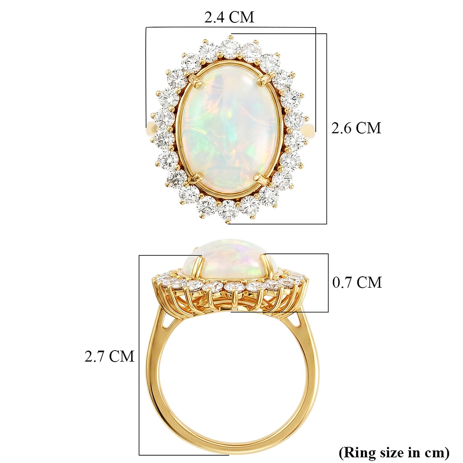 Luxuriant - Ethiopian Opal (5.00 cts ) & Lab Grown Diamond (SI-G-H, 1.36 Cts) Halo Ring in 18K Vermeil Yellow Gold Plated Sterling Silver 6.35 Ct.