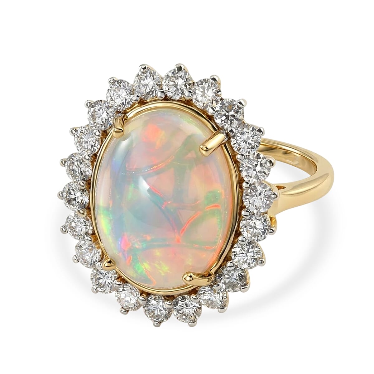 Luxuriant - Ethiopian Opal & Lab Grown Diamond (SI-G-H) Halo Ring in 18K Vermeil Yellow Gold Plated Sterling Silver 6.35 Ct.