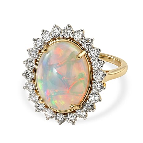 Luxuriant - Ethiopian Opal & Lab Grown Diamond (SI-G-H) Halo Ring in 18K Vermeil Yellow Gold Plated Sterling Silver 6.35 Ct.