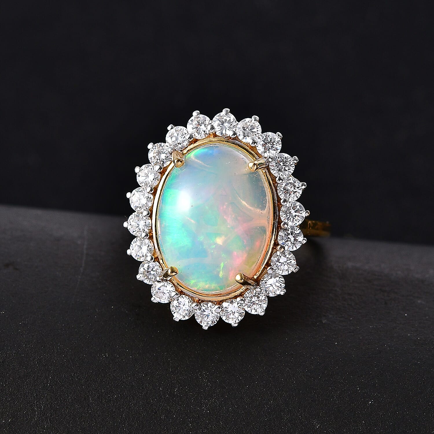 Luxuriant - Ethiopian Opal & Lab Grown Diamond (SI-G-H) Halo Ring in 18K Vermeil Yellow Gold Plated Sterling Silver 6.35 Ct.