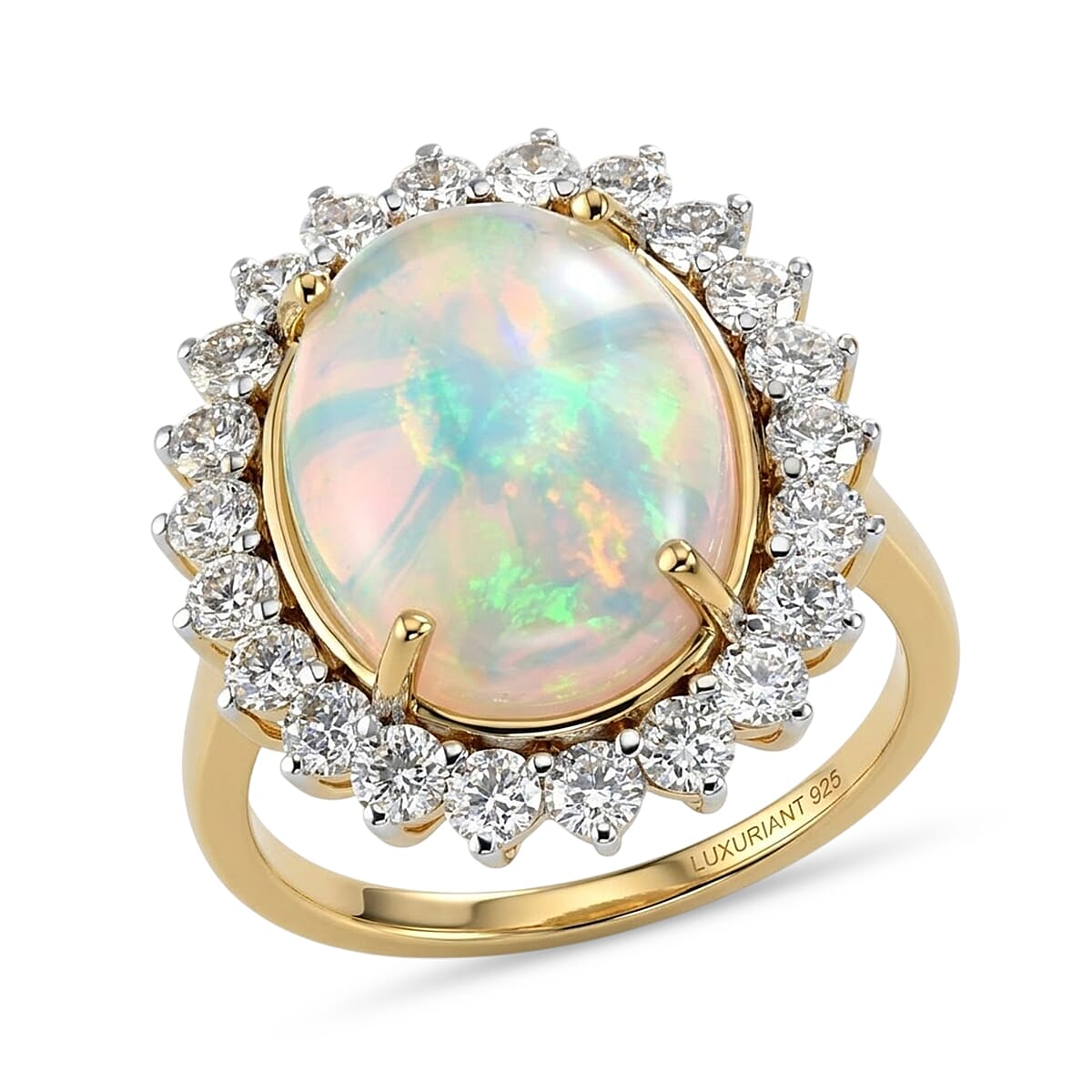 Luxuriant - Ethiopian Opal & Lab Grown Diamond (SI-G-H) Halo Ring in 18K Vermeil Yellow Gold Plated Sterling Silver 6.35 Ct.