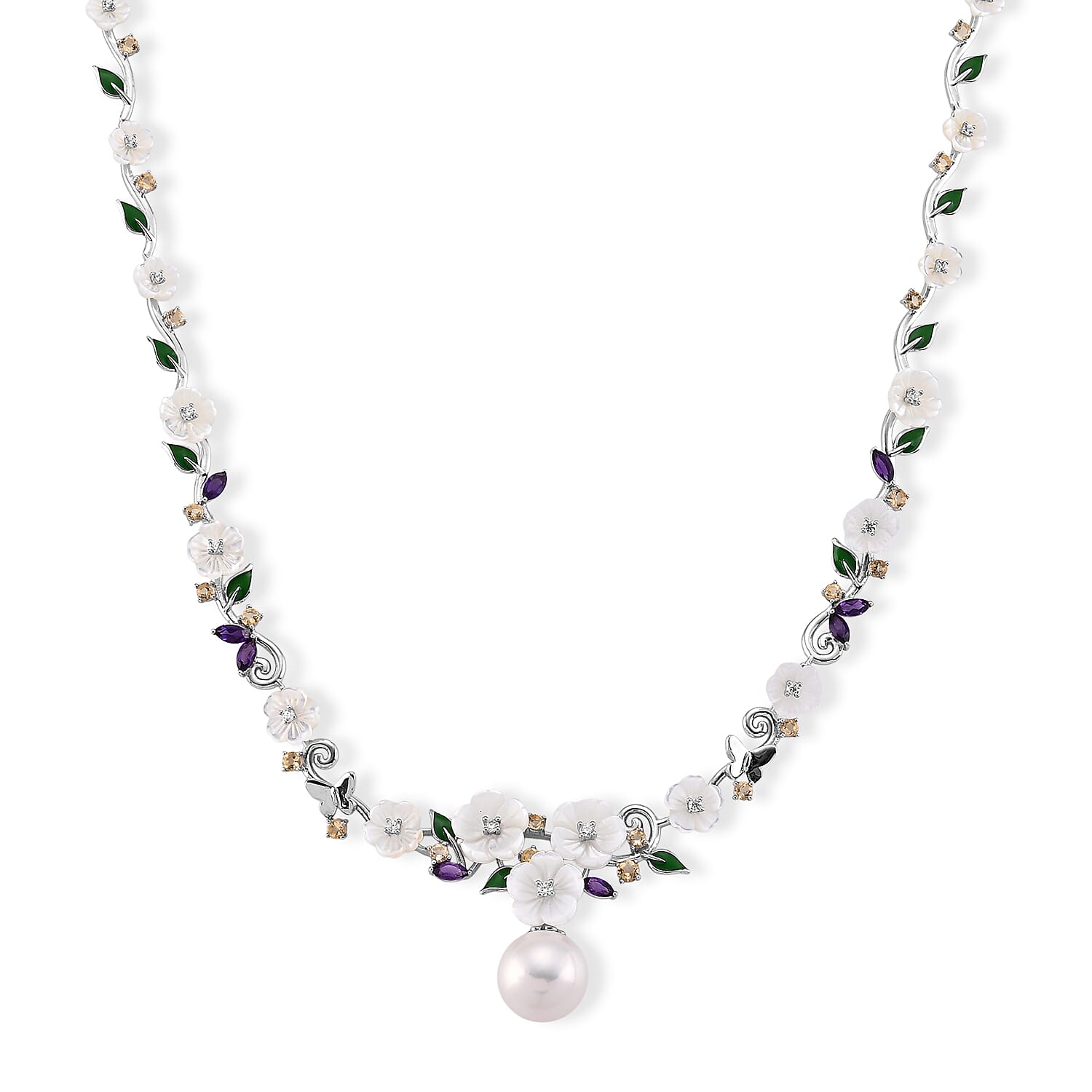 D'Joy - White Edison Pearl & Multi Gemstones Adjustable Necklace (Size - 16-2 Ext) in Rhodium Overlay Sterling Silver,Silver Wt. 14.50 Gms