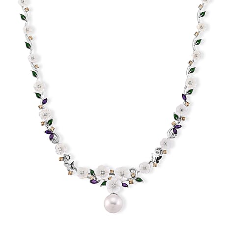 D'Joy - White Edison Pearl & Multi Gemstones Adjustable Necklace (Size - 16-2 Ext) in Rhodium Overlay Sterling Silver,Silver Wt. 14.50 Gms