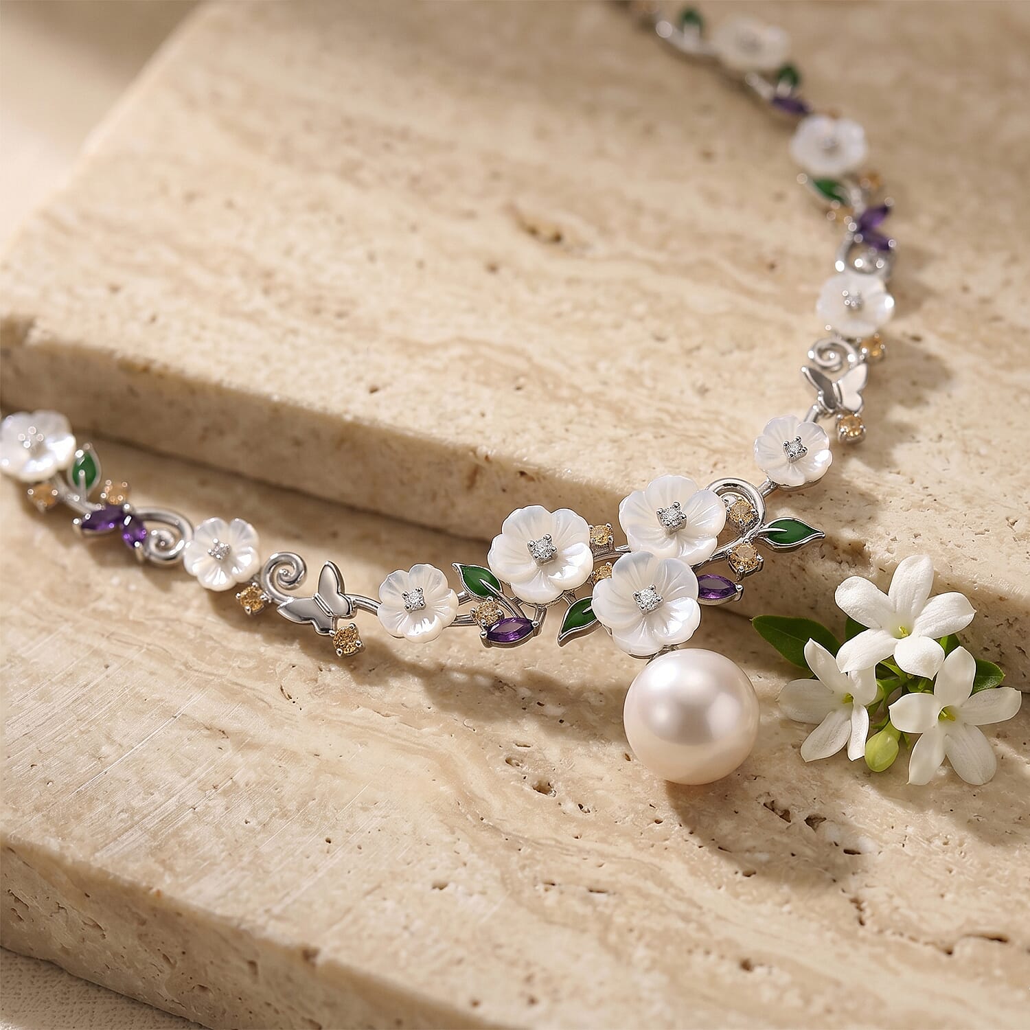 D'Joy - White Edison Pearl & Multi Gemstones Adjustable Necklace (Size - 16-2 Ext) in Rhodium Overlay Sterling Silver,Silver Wt. 14.50 Gms