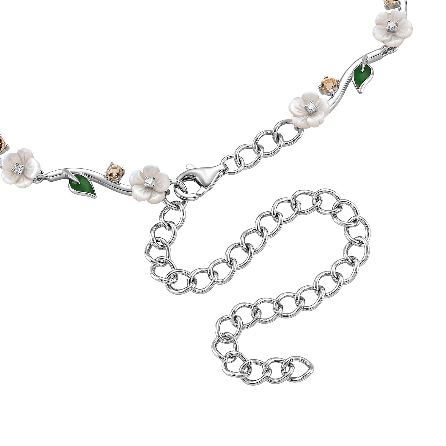 D'Joy - White Edison Pearl & Multi Gemstones Adjustable Necklace (Size - 16-2 Ext) in Rhodium Overlay Sterling Silver,Silver Wt. 14.50 Gms