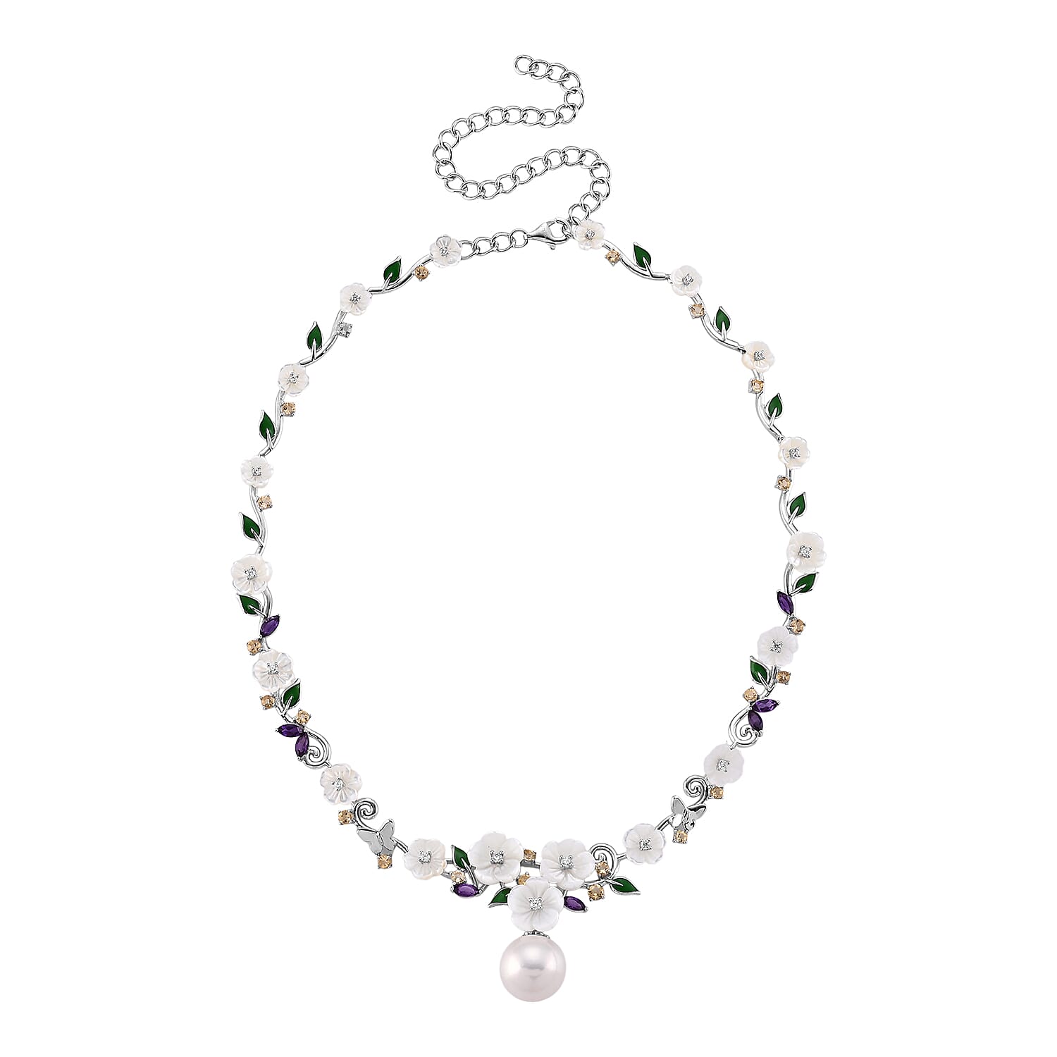 D'Joy - White Edison Pearl & Multi Gemstones Adjustable Necklace (Size - 16-2 Ext) in Rhodium Overlay Sterling Silver,Silver Wt. 14.50 Gms