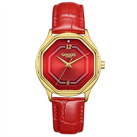 Gamages Of London Limited Edition Hand Assembled Romantic Diamond 3ATM Water Resistant Swiss Movement Natural Diamond Watch With Genuine Leather Strap (With 5 Year Warranty) - Red