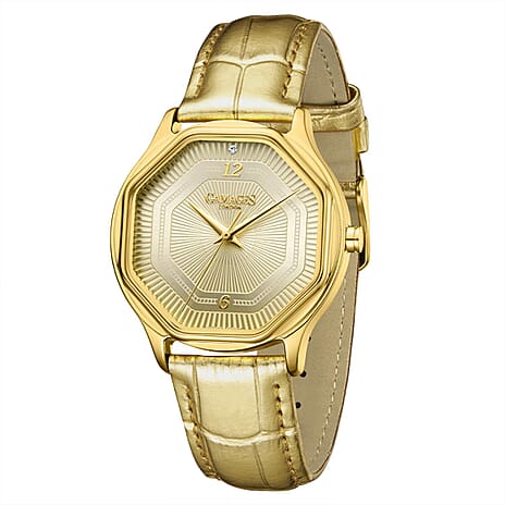 Gamages Of London Limited Edition Hand Assembled Romantic Diamond 3ATM Water Resistant Swiss Movement Natural Diamond Watch With Genuine Leather Strap (With 5 Year Warranty) - Gold