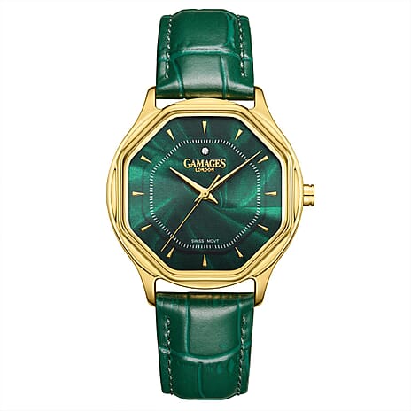 Gamages Of London Limited Edition Hand Assembled Amour 3ATM Water Resistant Swiss Movement Natural Diamond Watch With Genuine Leather Strap (With 5 Year Warranty) - Green