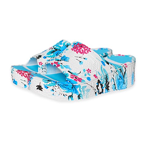 Womens Trendy Thick Soled Wedge Platform Floral Sliders (Size 3) - Blue